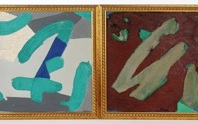 Coppia di astratti, tecnica mista su tela, cm 34,5x34, entro cornici, Walter Fusi (1924 - 2013)
