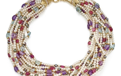 Cultured Pearl, Amethyst, Aquamarine and Tourmaline Necklace | 寶格麗 | 養殖珍珠、紫水晶、海藍寶 配 碧璽 項鏈, Bulgari