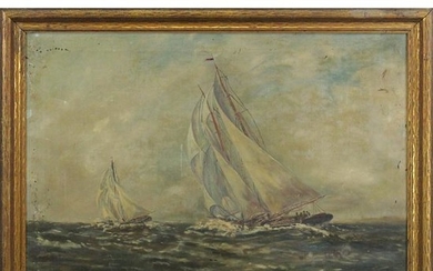 DEVINE 1903, Oil/c Sailboats on Rough Seas Painting