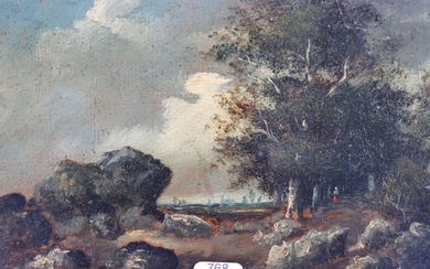DIAZ DE LA PEÑA Narcisse Virgile (1807/1876). "Clairière en forêt, village au fond". Huile sur...