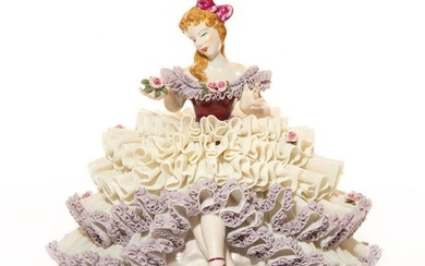 DRESDEN LACE FIGURINE, LADY SITTING HOLDING FLOWER