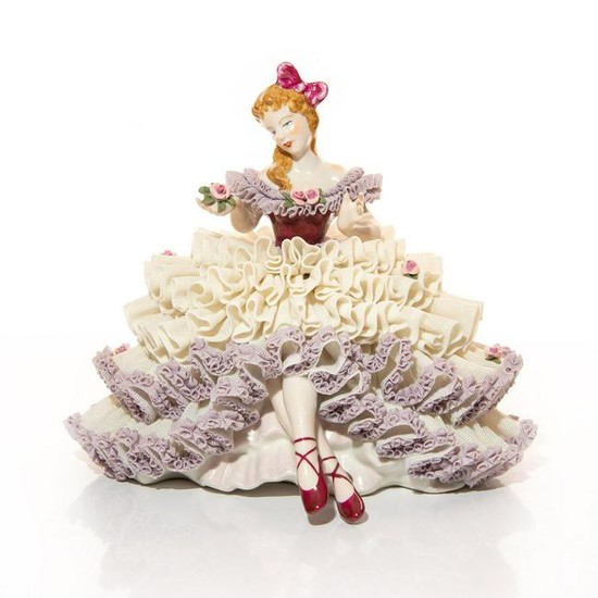 DRESDEN LACE FIGURINE, LADY SITTING HOLDING FLOWER