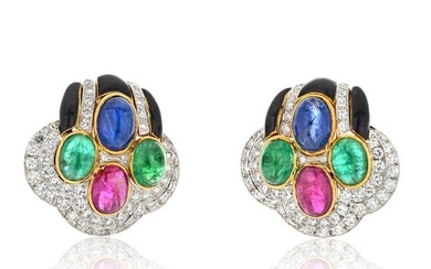 David Webb 18K Yellow Gold Black Enamel Diamond Sapphire Emerald Ruby Earrings