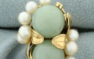 Designer Ming's Hawaii Jade and Pearl Leaf Design Ring in 14K Yellow Gold