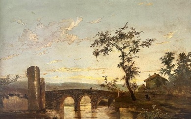 Dutch Golden Age Romantic Landscape Sunset Figures by River & Arch Bridge Oil
