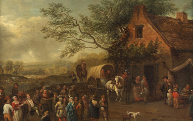 Dutch School 18th Century Figures gathered outside an inn