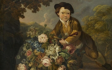 Dutch School, late 18th century- Boy holding a basket of flowers; oil on canvas, 98.5 x 125.5 cm.