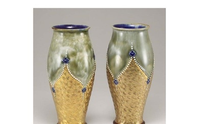 EARLY COBALT GILT SWIRL ROYAL DOULTON POTTERY VASE Rare and unusual rare pair of Arts and Crafts