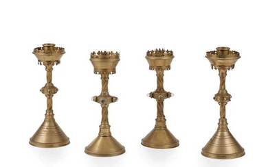 ENGLISH TWO PAIRS OF GOTHIC REVIVAL CANDLESTICKS, CIRCA 1880