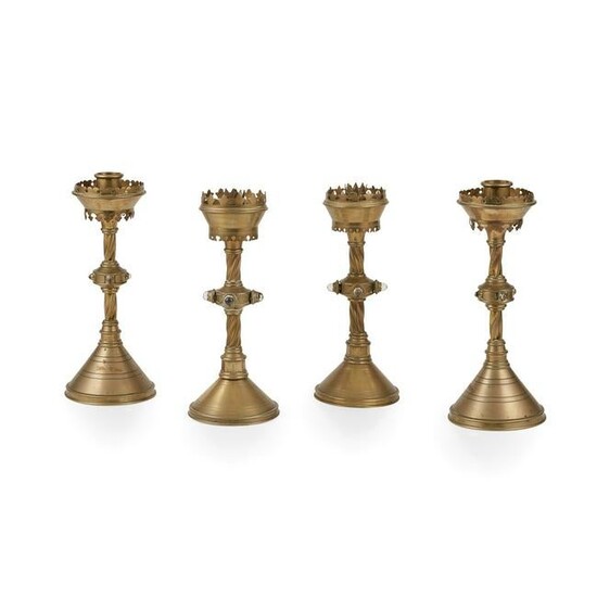 ENGLISH TWO PAIRS OF GOTHIC REVIVAL CANDLESTICKS, CIRCA