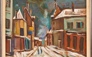 EUROPEAN SCHOOL, 20th Century, Winter street scene., Oil on masonite, 20" x 24". Framed 22.75" x 26.5".