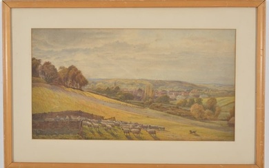 Early 19th century British school watercolor landscape painting of a sheep dog herding sheep and a