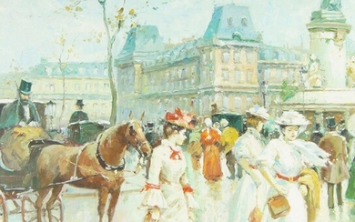 Edmund, French school, late 19th/early 20th century- Parisian street scene; oil on board, signed lower right, 76.5 x 76.5 cm