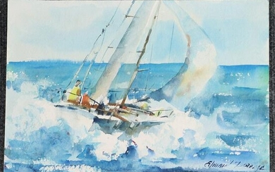 Edward Daume, Watercolor Sail Sloop on Waves