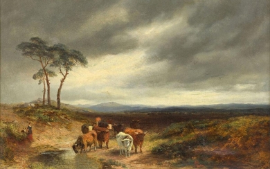 Edward Hargitt, Scottish 1835-1895- A cloudy day on the moor; oil on canvas, signed 'Edward Hargitt. / 1874.' (lower right), signed, titled, and dated '"A Cloudy Day on the Moor" / Edward Hargitt. 1874' on the reverse, 30.5 x 46 cm. Provenance:...