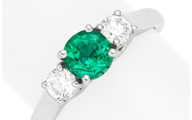 Emerald, Diamond, White Gold Ring Stones: Round-shaped emerald weighing...