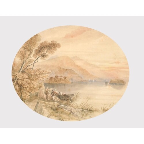 English School, mid-19th Century, figures by a boat on a mou...