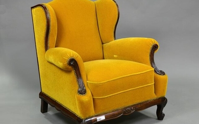 English Yellow Upholstered Wing Back Arm Chair