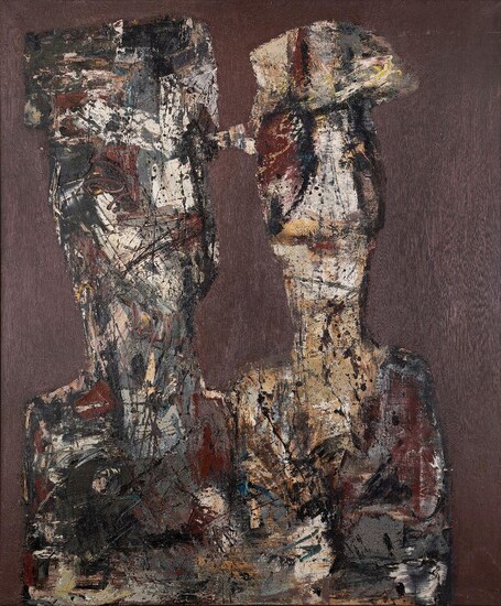 Ernst Eisenmayer, Austrian/British 1920¬®2018 - Old Couple, 1958; oil on canvas, signed with initials, dated and titled on the reverse 'E. E. 1958 Old Couple', 76.5 x 91.5 cm