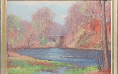 F.E. ROBERTS, United States, 20th Century, Autumn landscape with a bridge., Oil on board, 9" x 12". Framed 10.5" x 13".
