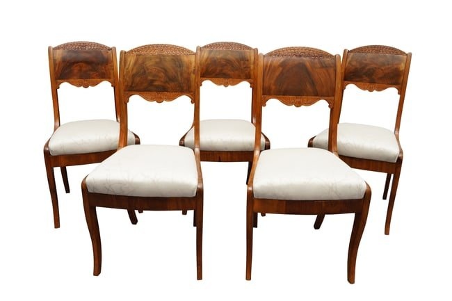 FIVE RUSSIAN EMPIRE STYLE BIRCH DINING CHAIRS, EARLY 19TH CENTURY