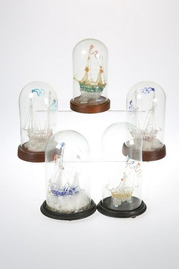 FIVE VICTORIAN GLASS FRIGGERS, each as a ship and under