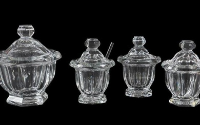 FOUR BACCARAT CRYSTAL LIDDED JARS W/ TWO SPOONS