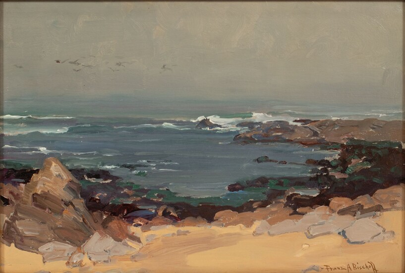 FRANZ ARTHUR BISCHOFF (AMERICAN, 1864-1929) OIL ON CANVAS BOARD H 13" W 19" CALIFORNIA SEA SCAPE