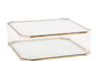 FRENCH BRASS AND LUCITE COFFEE TABLE WITH TWO GLASS TIERS...