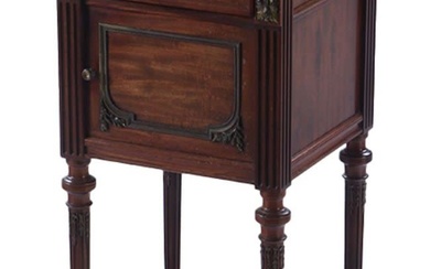 FRENCH MAHOGANY BRONZE MOUNTED MARBLE TOP NIGHT STAND WITH MARBLE...