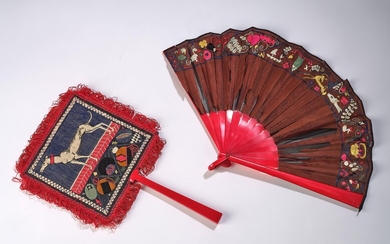 A fan with silk embroidery, probably Eduard Josef Wimmer-Wisgrill, Wiener Produktivgenossenschaft, Vienna, designed in c. 1910 and part of a mirror with silk embroidery (fan) in the manner of Rudolf Kalvach, designed in Vienna, c. 1908