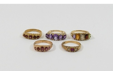 Five 9 carat gold gem-set rings, including three five-stone ...