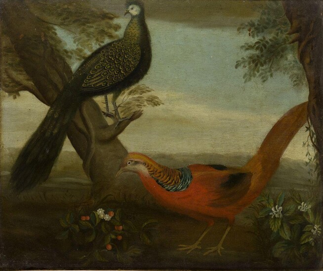 Follower of Stephen Elmer, ARA, British 1714-1796- Peacock and a golden pheasant in a landscape; oil on copper, 52.2 x 61.2 cm.