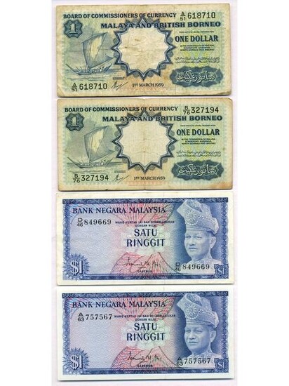 Four (4) Malaysia, Malaya and Borneo Notes