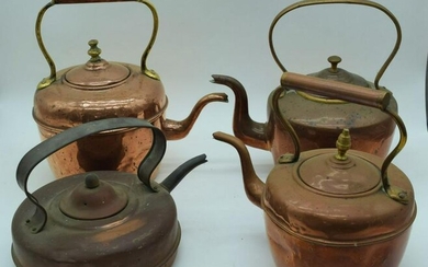 Four vintage copper kettles 29cm (4).
