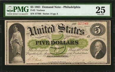 Fr. 2. 1861 $5 Demand Note. PMG Very Fine 25.