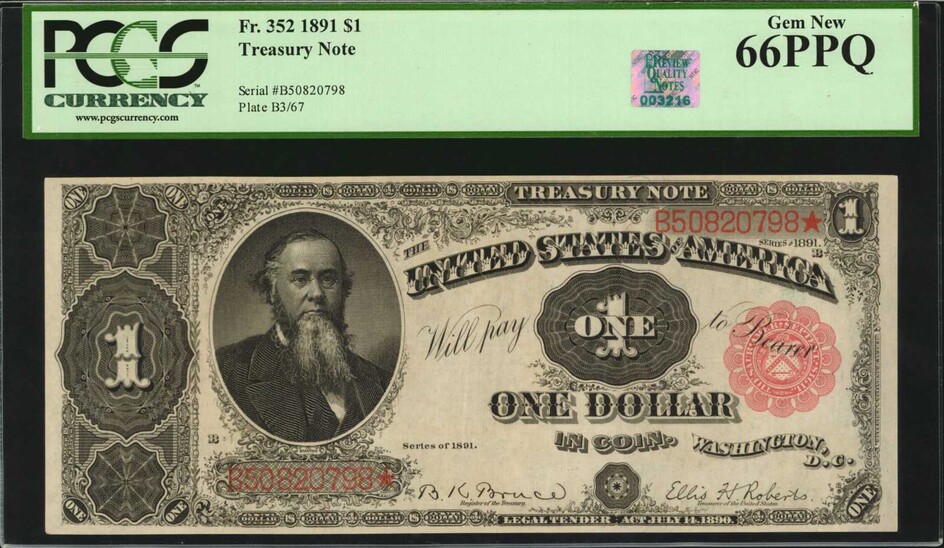 Fr. 352. 1891 $1 Treasury Note. PCGS Currency Gem New 66 PPQ.