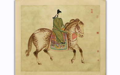 Framed Chinese painting : "Rider on horseback" - 75,5 x 89,5 marked prov : collection "Jeannette Jongen" (Schleiper) ||framed Chinese "horseman" painting - marked former collection of Jeanette Jongen (Schleiper)