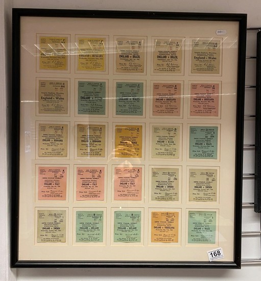 Framed football tickets from England World cup games 1953-19...