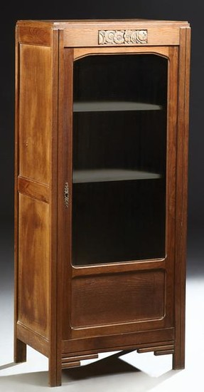 French Art Deco Carved Oak Bookcase, c. 1940, the