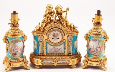 French Gilt Bronze & Sevres Style Porcelain Three-Piece