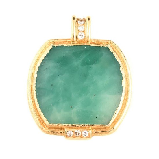 French Green Glass, Diamond, 18k Yellow Gold Pendant.