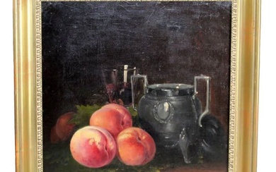 French oil on canvas painting still life with peaches and...