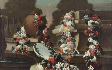 GASPARE LOPEZ Still life with a garland of flowers.