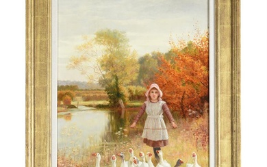 GEORGE A. ELCOCK (BRITISH 19TH/20TH CENTURY), A GIRL HERDING GEESE