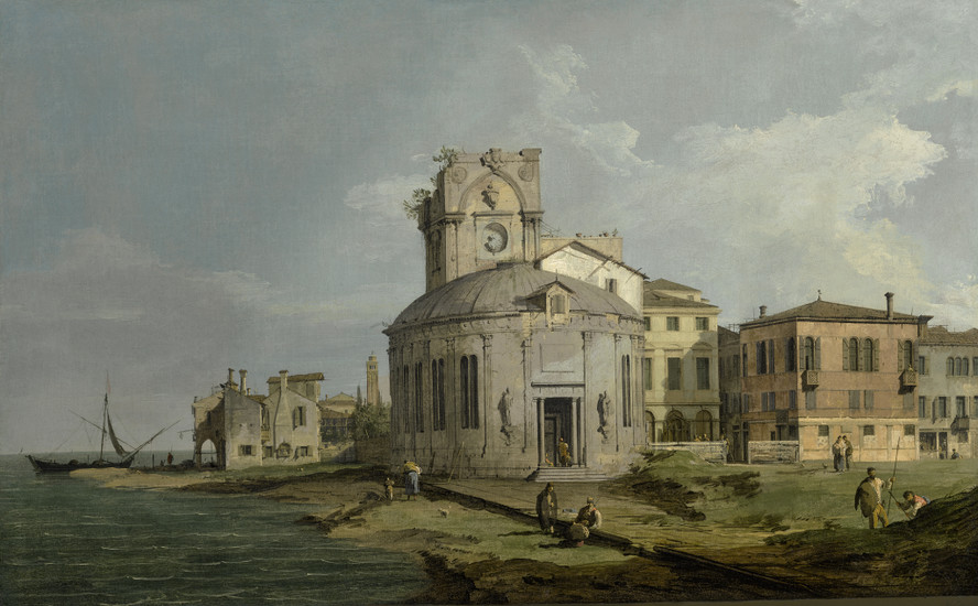 GIOVANNI ANTONIO CANAL, CALLED CANALETTO | A VENETIAN CAPRICCIO VIEW OF AN OVAL CHURCH BESIDE THE LAGOON