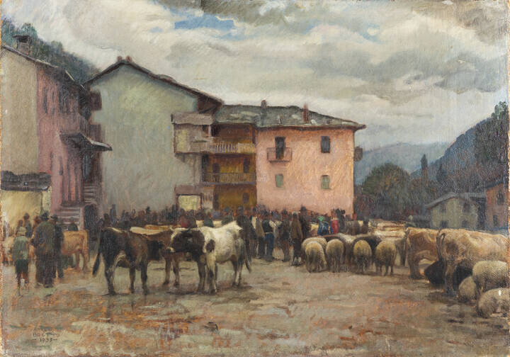 GIULIO BOETTO<BR>Torino 1894 - 1967<BR>"Fiera bovina a Paesana" 1928