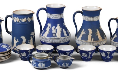 GROUP OF WEDGWOOD DEEP-BLUE DIP JASPERWARE PITCHERS WITH CUPS AND SAUCERS, LATE 19TH/20TH CENTURY