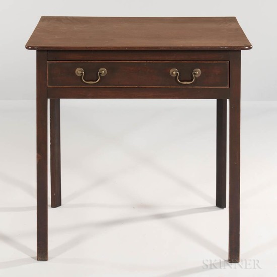 Georgian-style Mahogany Side Table, England, 19th century, single drawer with brass bail pulls, squared legs, ht. 28, wd. 29 1/2, dp. 2