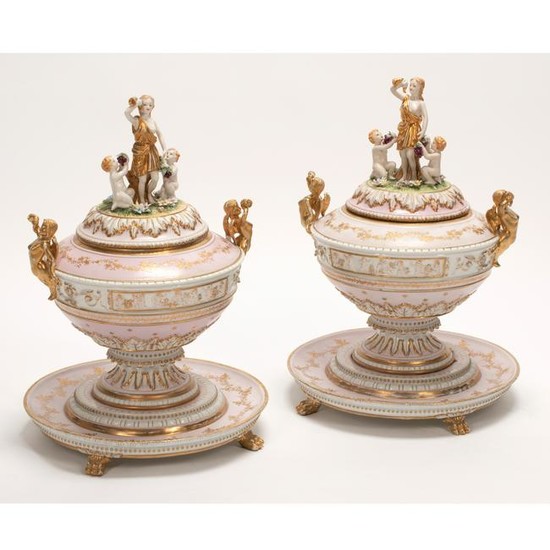 German Porcelain Polychrome Covered Compote Pair.
